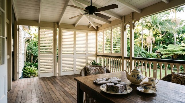 Lamingtons and Tea Set on Queenslander Verandah with Tropical Garden