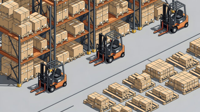 industrial warehouse with orange forklifts stacking brown cardboard boxes on metal shelves