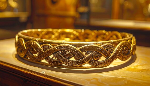 Close-up of ancient twisted gold torc with intricate Celtic design in museum display