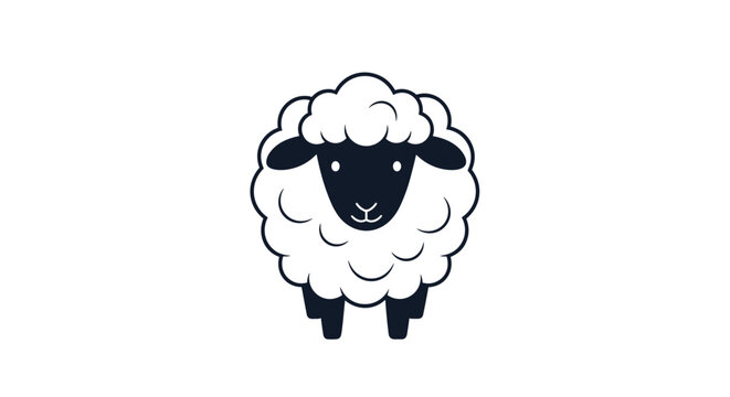 Cute fluffy sheep illustration shows a black head and legs with a thick white woolly body isolated on a minimalist white background.