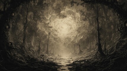 Obraz premium A mysterious, foggy forest path leads into a dense, ethereal mist, framed by dark, ancient tree roots.