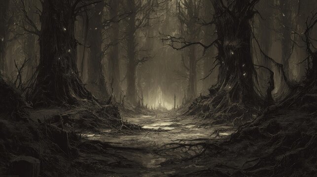 A mysterious, foggy forest path leads into an ethereal light between massive, dark tree trunks in a dense, atmospheric wood.