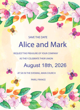 Wedding Save the Date invitation with watercolor floral and butterfly border