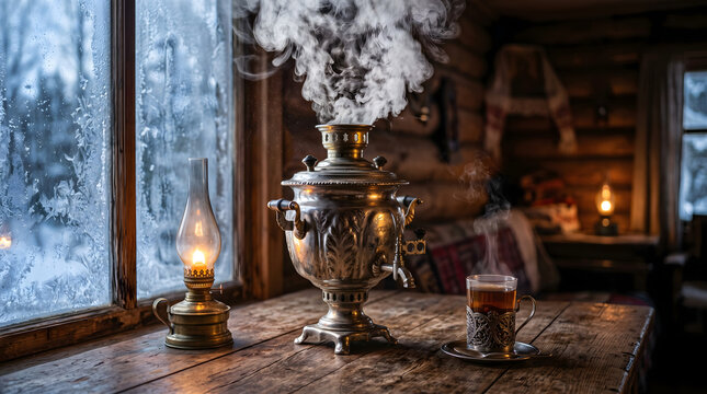 Traditional steaming metal samovar with tea in a podstakannik and a lit oil lamp on a wooden table in a winter cabin