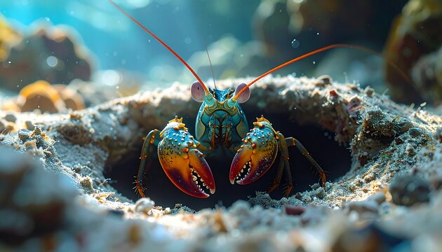 Colorful mantis shrimp emerging from coral rubble burrow close-up