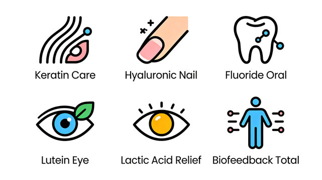 Presenting specialized care icons for specific areas such as hair, nails, mouth, and eyes, representing targeted personalized health care solutions.

