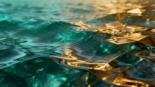 Abstract geometric liquid wave with gold and teal colors