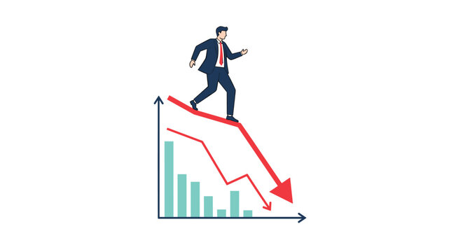 Illustration shows a worried businessman in a suit running down the slope of a sharp declining red arrow and bar graph.