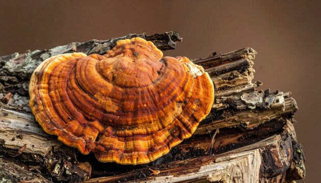 Close-up of large rusty orange Dyer's polypore fungus on tree base