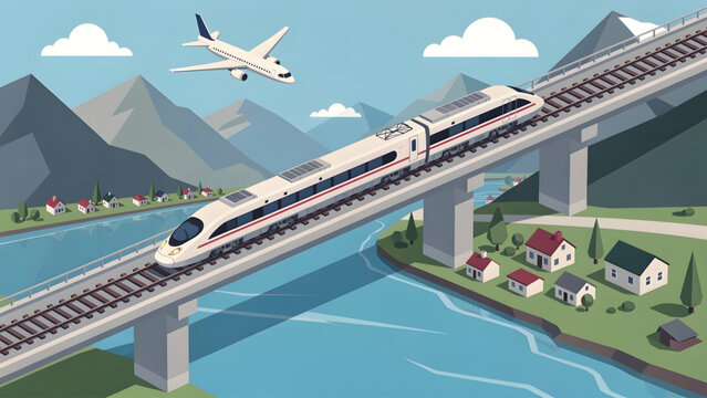 modern white and red high-speed train crossing bridge over river with airplane flying above