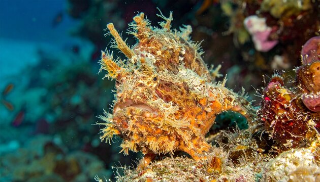 Close-up of camouflaged hairy frogfish with lure on coral reef