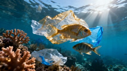 Fototapeta premium Underwater view of fish swimming among floating plastic waste