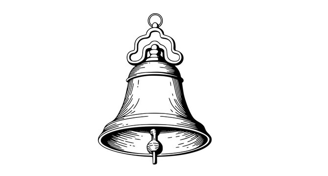 Vintage hand-drawn bell illustration with bell tower white background line art isolated