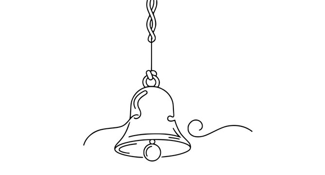 Single line drawing of a bell with decorative swirls hanging by a string, line art