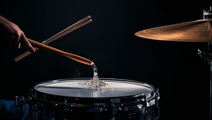 Obraz premium Drummer Playing Drums with Drumstick in Dark Concert or Studio Setting