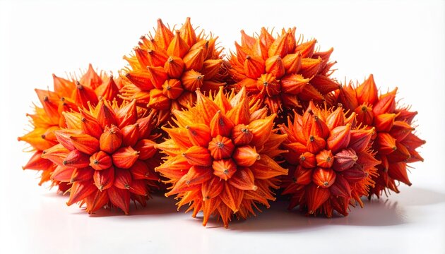 Close-up of bright orange-red annatto seeds in a dense cluster