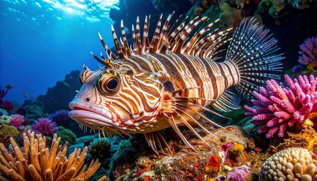 Close-up of inflated porcupinefish with erect spines on coral reef