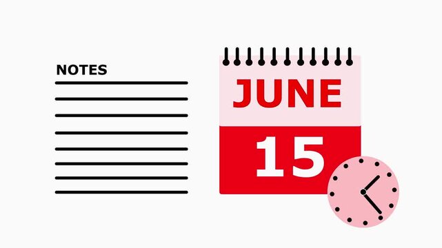 Calendar Page June 15 Red and White Desktop Calendar with Notes Section Isolated on White Background.