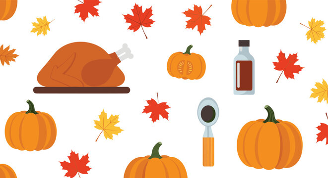 Thanksgiving themed objects like a roasted turkey pumpkins maple leaves and syrup are arranged on a white background in a flat design style.