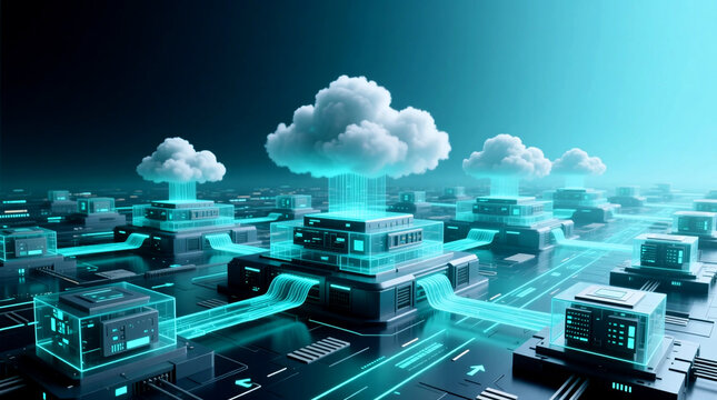 Distributed scalable cloud infrastructure interconnected architecture for global digital platforms visualizes data pipeline concept