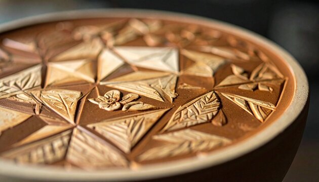 Close-up of geometric botanical sgraffito pattern on ceramic pottery