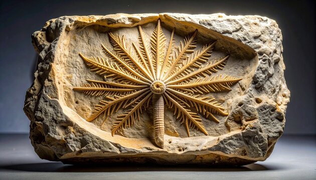 Close-up of detailed crinoid sea lily fossil embedded in limestone slab