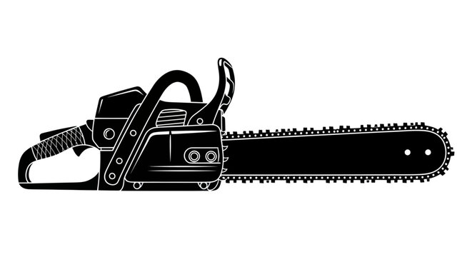 Black Silhouette Chainsaw Isolated on White Background - Industrial Tool