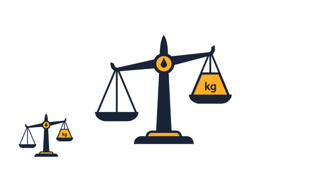 Two balance scales one small and one large are shown with weights labeled kg on one side to demonstrate mass and weight concepts.