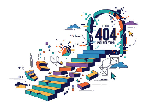Creative flat 2D vector illustration of broken stairs leading to a '404 Page Not Found' error portal, symbolizing lost connections and web issues.