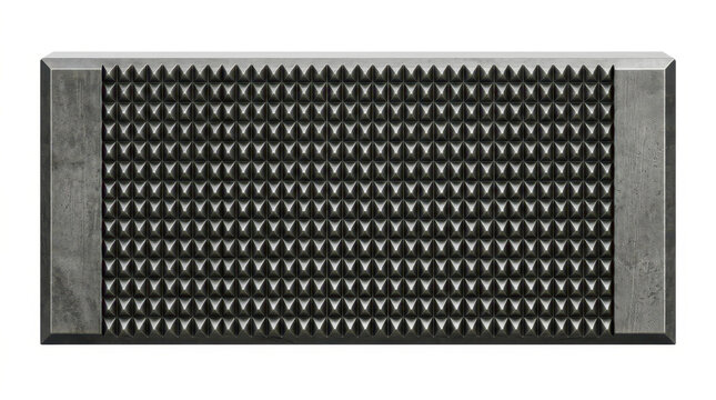 Rectangular metal grate with evenly spaced perforations on a neutral background.