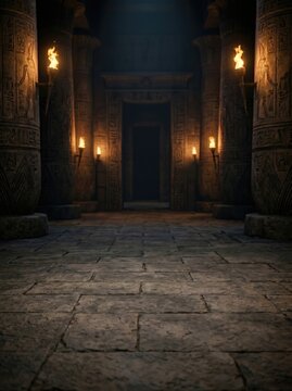 An ancient, torch-lit stone temple hall featuring massive pillars, grand staircases, and cryptic hieroglyphics.