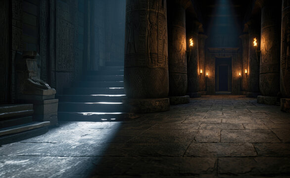 An ancient, torch-lit stone temple hall featuring massive pillars, grand staircases, and cryptic hieroglyphics.