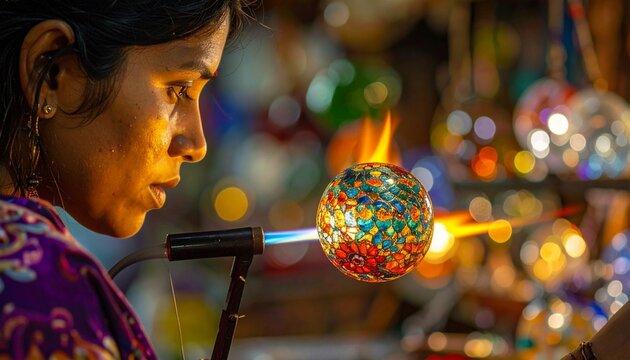Close-up of artisan crafting colorful glass bead with torch in studio
