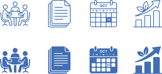 Set of icons representing business and finance concepts with business document calendar collection teamwork organization planning analysis illustration management strategy appointment © brandesiner