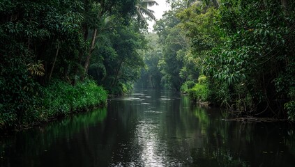 Fototapeta premium Tranquil River Scene Surrounded by Dense Green Forests on a Calm Day