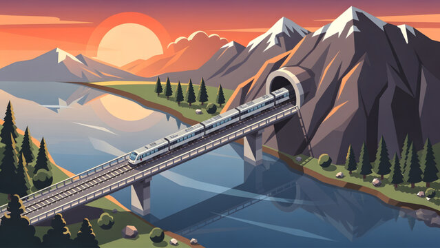 modern train crossing bridge over river at sunset with mountains and forest scenery