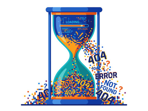 Digital hourglass vector illustration showing data corruption, '404 error not found' messages, and loading failure.
