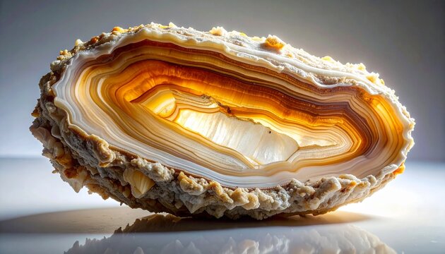 Close-up of stalactite cross-section showing calcite growth rings and color bands