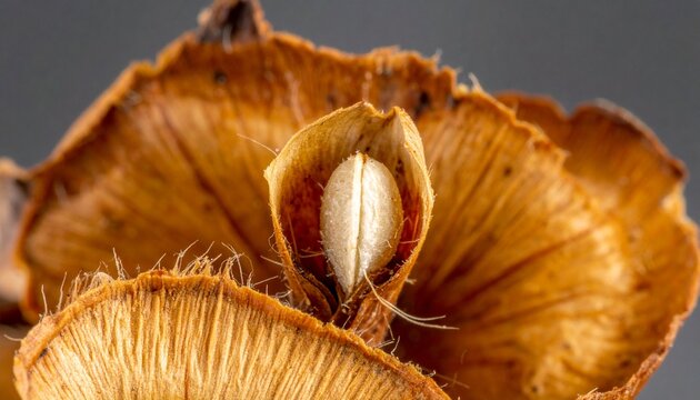 Close-up macro of open pine cone scale with winged seed detail