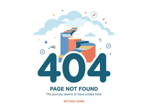 Modern flat 2D vector illustration of a 404 error page, showing an abstract winding path, symbolizing a lost digital journey.