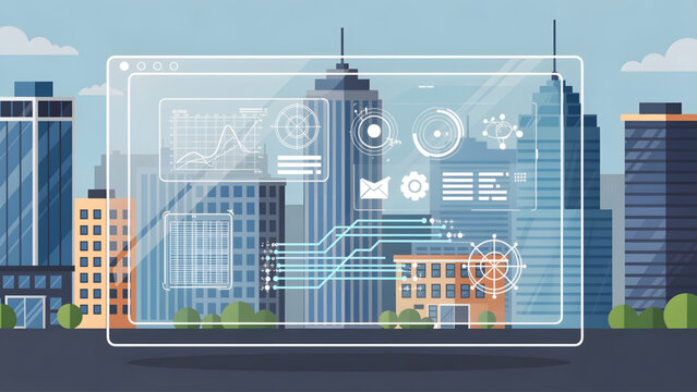 futuristic digital interface with graphs and data over modern cityscape blue sky urban buildings