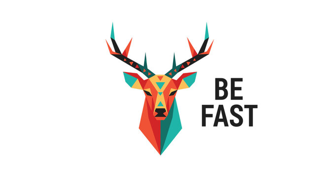 Modern geometric deer head logo designed with colorful triangles accompanied by the inspirational text be fast on white background.