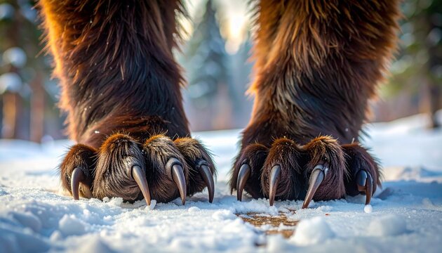 Close-up of wolverine paws in snow with taiga forest background