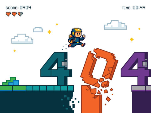 Pixel character jumps across fragmented 404 error numbers in a retro side-scrolling platform game illustration, overcoming digital obstacles.
