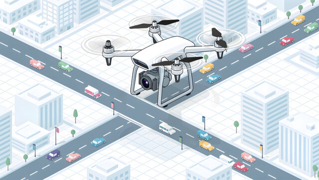 white drone flying over urban intersection with modern buildings and vehicles
