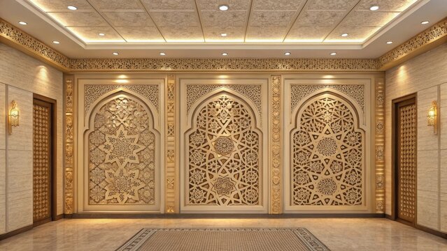 Luxurious interior with intricate islamic geometric patterns on walls