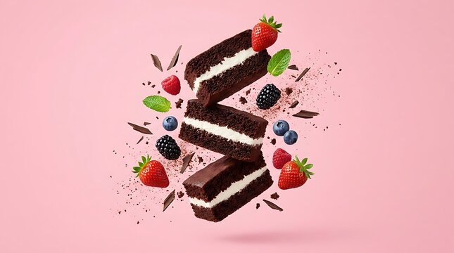 Potongan kue cokelat lapis krim terbang dengan daun mint dan aneka buah beri merah muda, melambangkan harmoni rasa modern