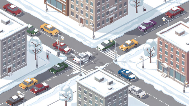 isometric snowy city intersection with cars buildings and pedestrians crossing streets
