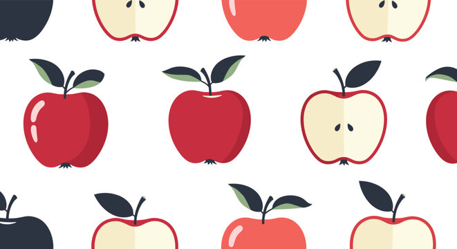 Repeating pattern of red apples and apple halves with green leaves and dark seeds shown on a clean and simple white background.