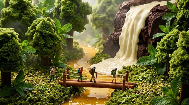 Miniatur pejalan kaki menjelajahi lanskap kue cokelat dan air terjun krim, melambangkan petualangan rasa dan imajinasi tanpa batas